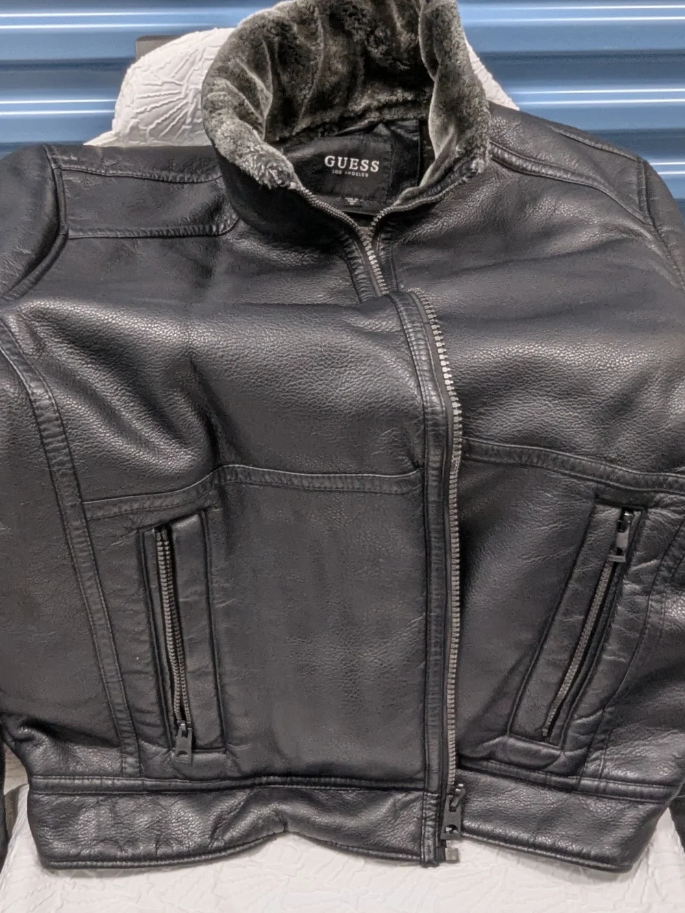 GUESS Black Leather Jacket with Gray Faux Fur Lining